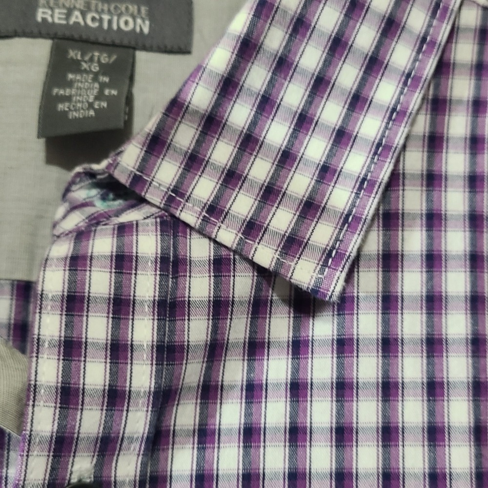Kenneth Cole Reaction Button Down Mens XL Purple Plaid Elbow Patch Cotton Shirt